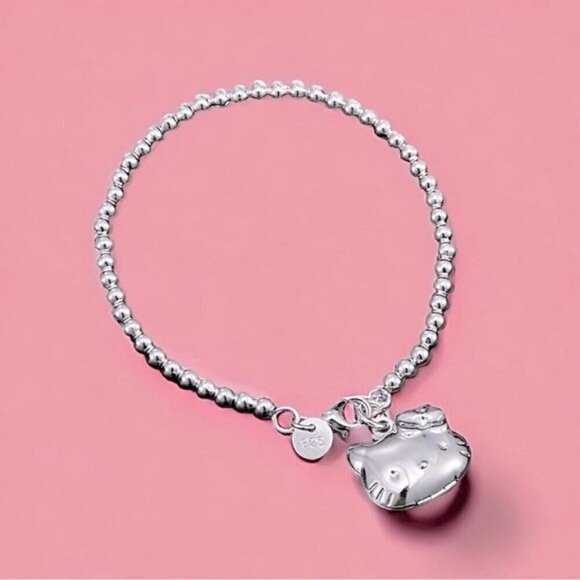 NWT Hello Kitty Locket Charm Bracelet S925 Sterling Silver Beaded Chain 7.5" - Picture 1 of 8